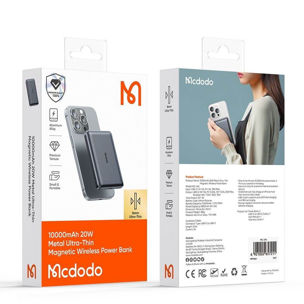 Zewnętrzna bateria bezprzewodowa McDodo MC-4651 Meta, 10000mAh, 20W, PD + FQI, 1 x QI - 1 x USB-C, Czarna