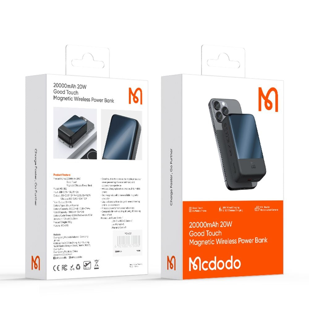 Zewnętrzna bateria bezprzewodowa McDodo MC-5021 Ambilight, 20000mAh, 20W, PD + FQI, 1 x QI - 1 x USB-C, Czarna