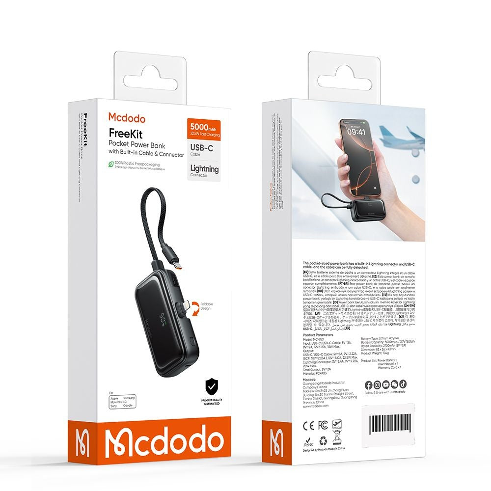 Zewnętrzna bateria McDodo MC-7800 Freekit, 5000mAh, 22.5W, PD, 1 x Lightning - 2 x USB-C, Czarna