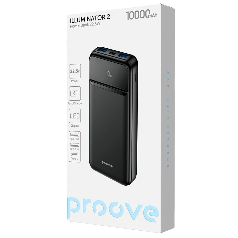 Zewnętrzna bateria Proove Illuminator 2, 10000mAh, 22.5W, QC + PD, 2 x USB-A - 1 x USB-C, Czarna PBIP10212201