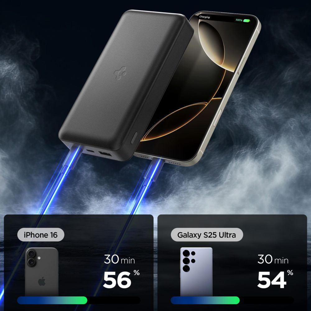 Zewnętrzna bateria Spigen, 20000mAh, 30W, QC + PD, 1 x USB-A - 2 x USB-C, Czarna ABA09433