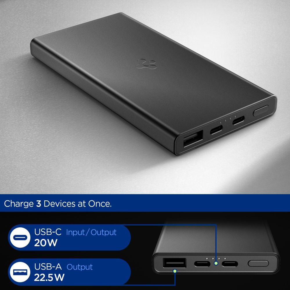 Zewnętrzna bateria Spigen Essential, 10000mAh, 22.5W, QC + PD, 1 x USB-A - 2 x USB-C, Czarna