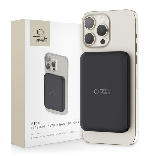External Wireless Battery Tech-Protect PB10 LifeMag, 5000mAh, 15W, PD + FQI, 1 x QI - 1 x USB-C, Black