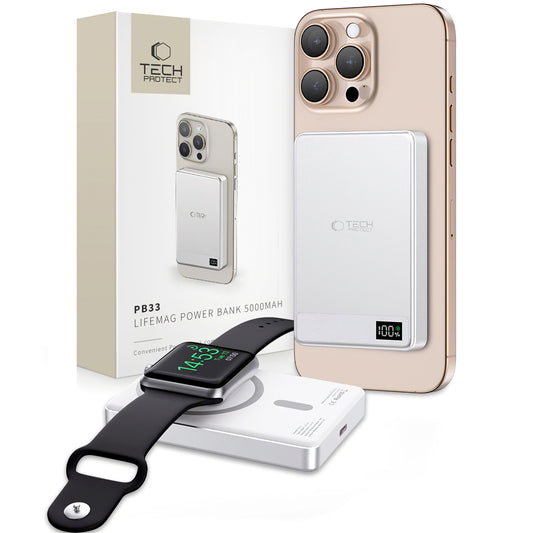 External Wireless Battery Tech-Protect PB33 LifeMag, 5000mAh, 15W, FQI, 1 x QI - 1 x USB-C, Grey