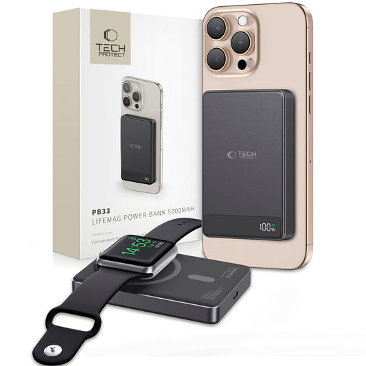 External Wireless Battery Tech-Protect PB33 LifeMag, 5000mAh, 15W, FQI, 1 x QI - 1 x USB-C, Black