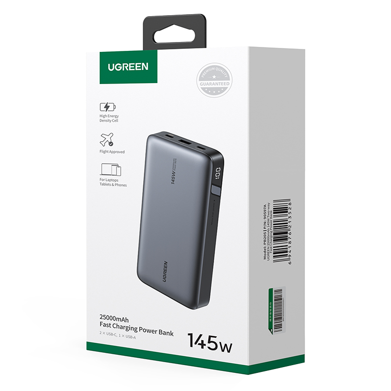 Zewnętrzna bateria UGREEN PB205, 25000mAh, 145W, QC + PD, 1 x USB-A - 2 x USB-C, Szara