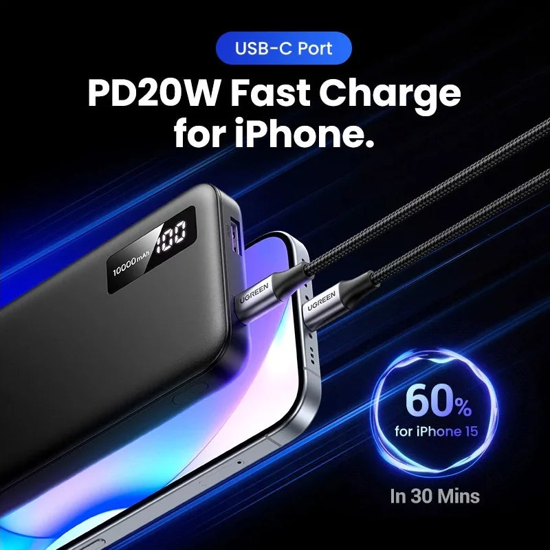 Zewnętrzna bateria UGREEN PB311, 10000mAh, 22.5W, QC + PD, 1 x USB-C - 2 x USB-A, Czarna