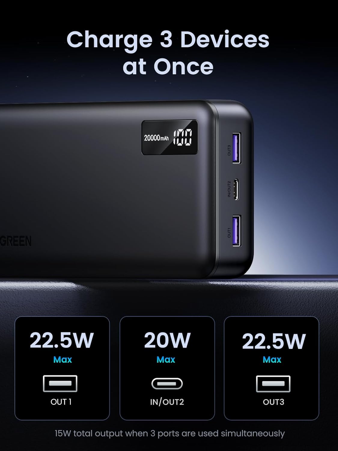 Zewnętrzna bateria UGREEN PB312, 20000mAh, 22.5W, QC + PD, 1 x USB-C - 2 x USB-A, Czarna