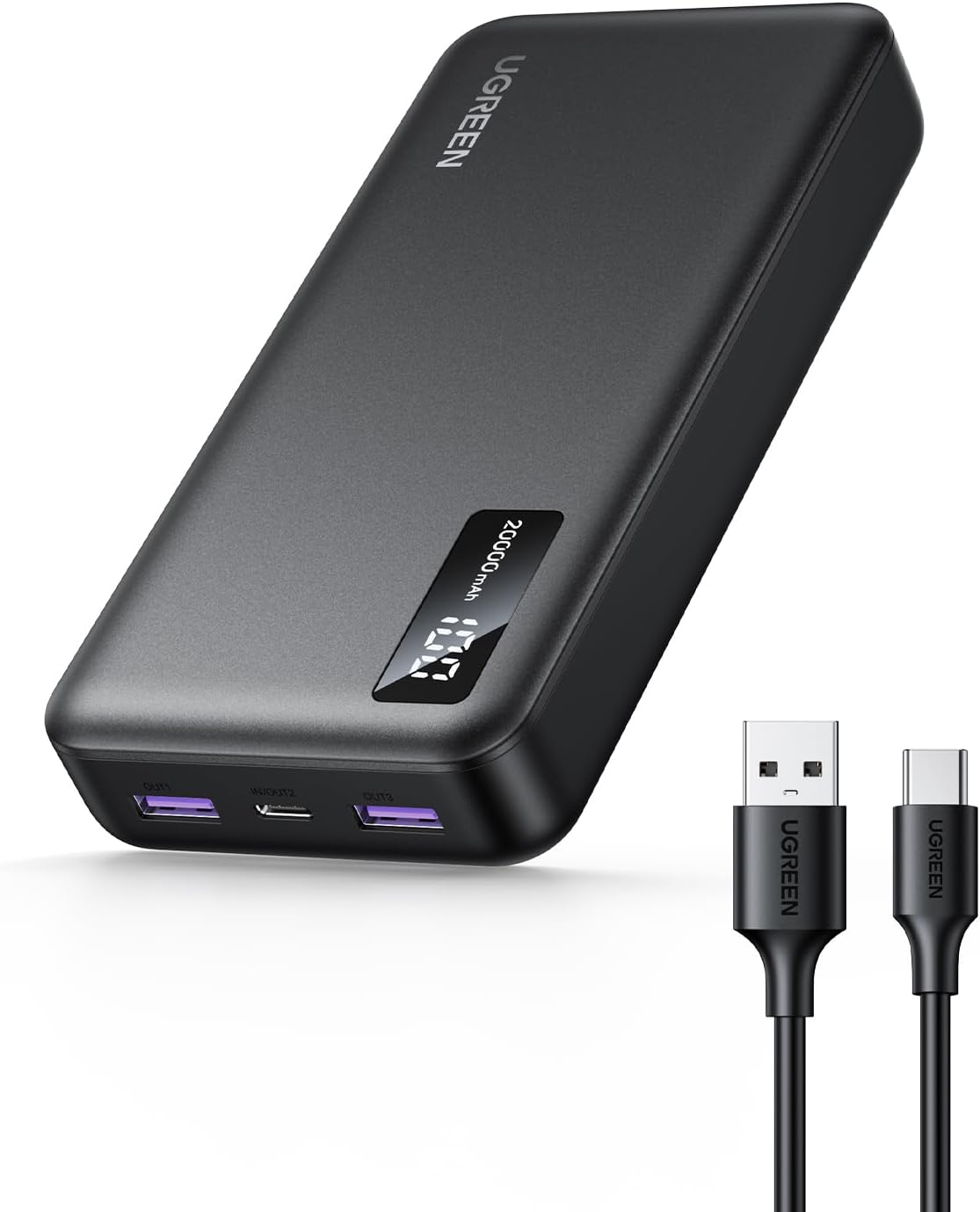 Zewnętrzna bateria UGREEN PB312, 20000mAh, 22.5W, QC + PD, 1 x USB-C - 2 x USB-A, Czarna