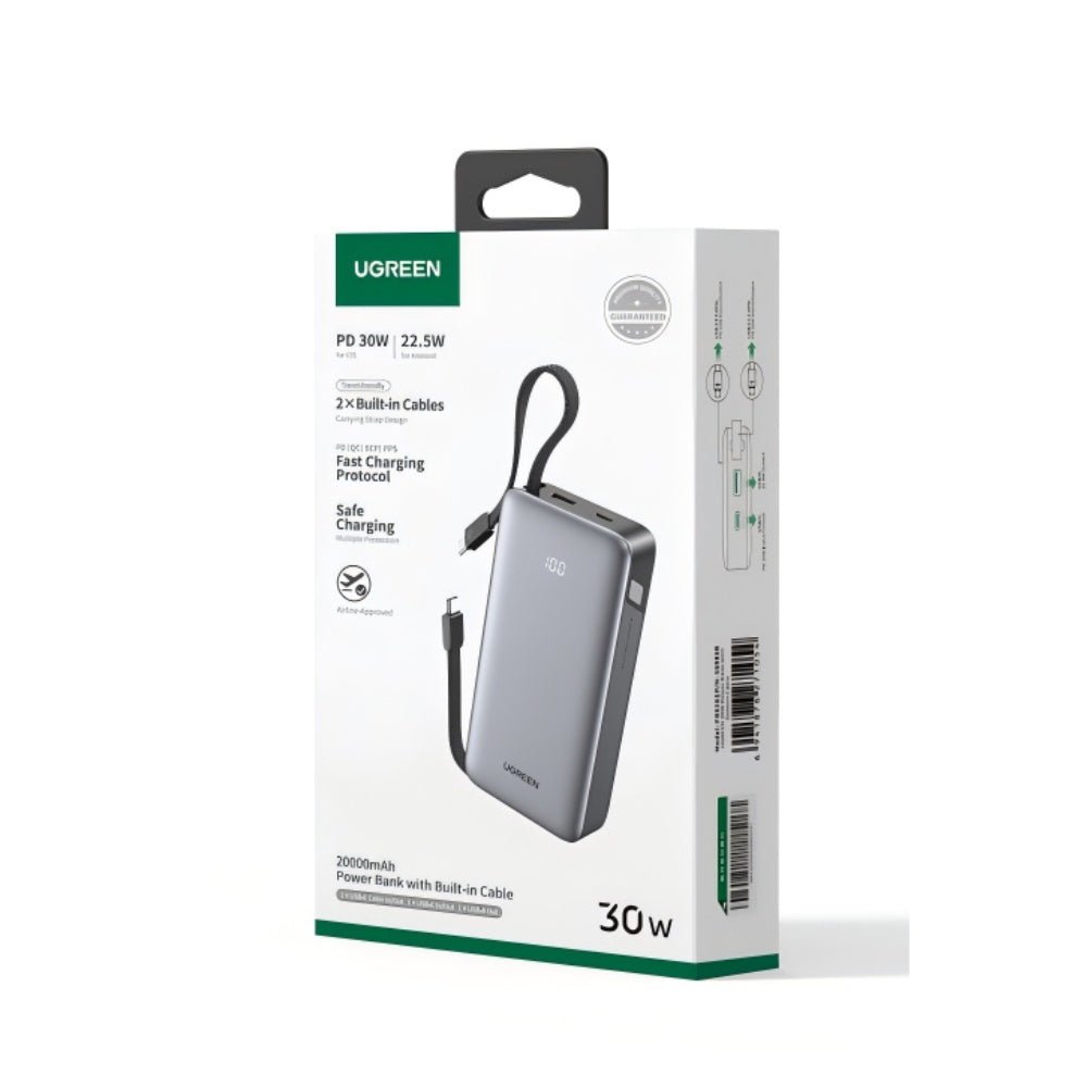 Zewnętrzna bateria UGREEN PB528 (55985B), 20000mAh, 30W, QC + PD, 1 x USB-A - 3 x USB-C, Szara