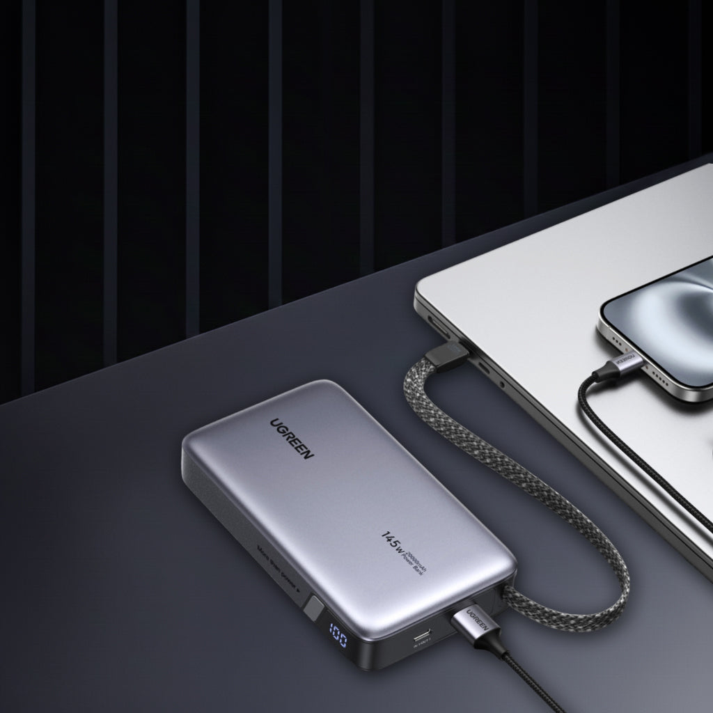 Zewnętrzna bateria UGREEN PB551 (55992), 20000mAh, 145W, QC + PD, 1 x USB-A - 2 x USB-C, Szara