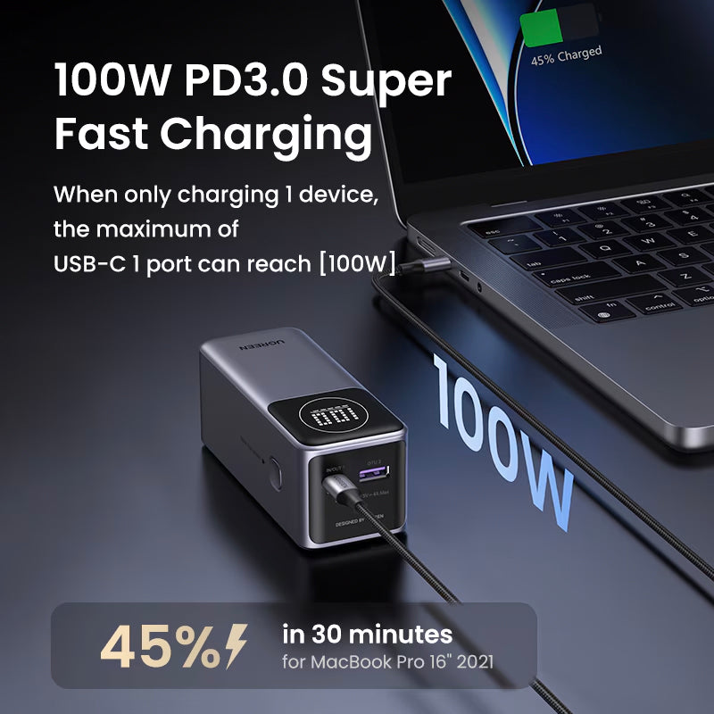 Zewnętrzna bateria UGREEN PB724, 12000mAh, 100W, QC + PD, 1 x USB-A - 1 x USB-C, Szara