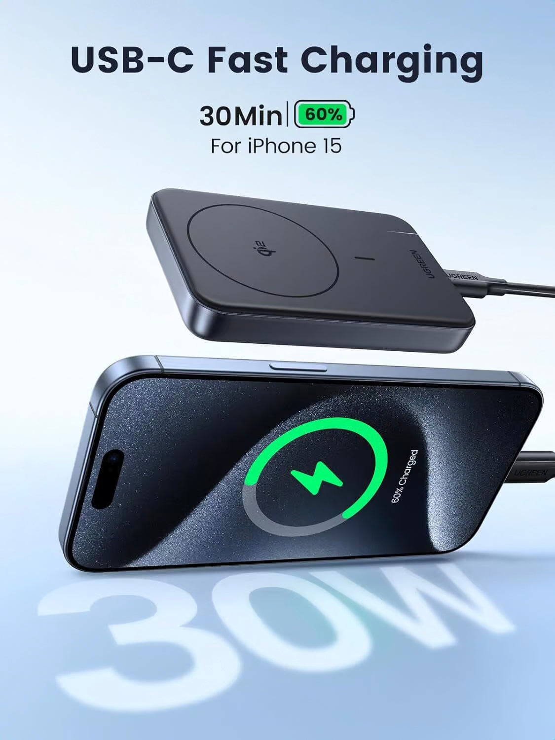Zewnętrzna bateria UGREEN PB761, 10000mAh, 30W, PD + FQI, 1 x QI - 1 x USB-C, Szara