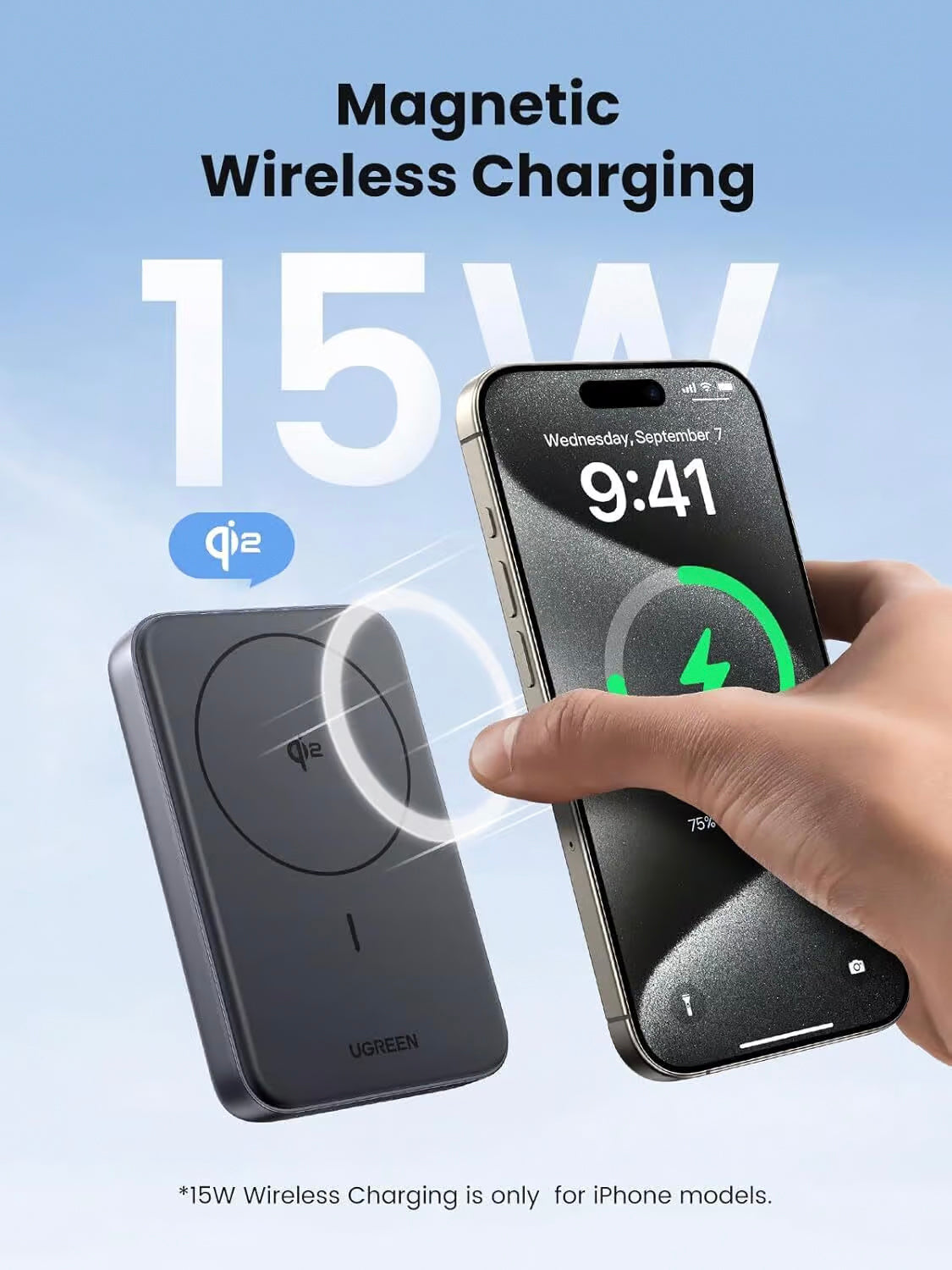 Zewnętrzna bateria UGREEN PB761, 10000mAh, 30W, PD + FQI, 1 x QI - 1 x USB-C, Szara
