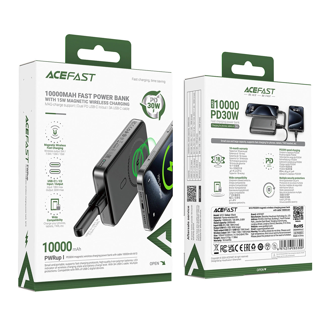 Zewnętrzna bateria bezprzewodowa Acefast M10, 10000mAh, 30W, PD + FQI, 1 x QI - 2 x USB-C, Czarna