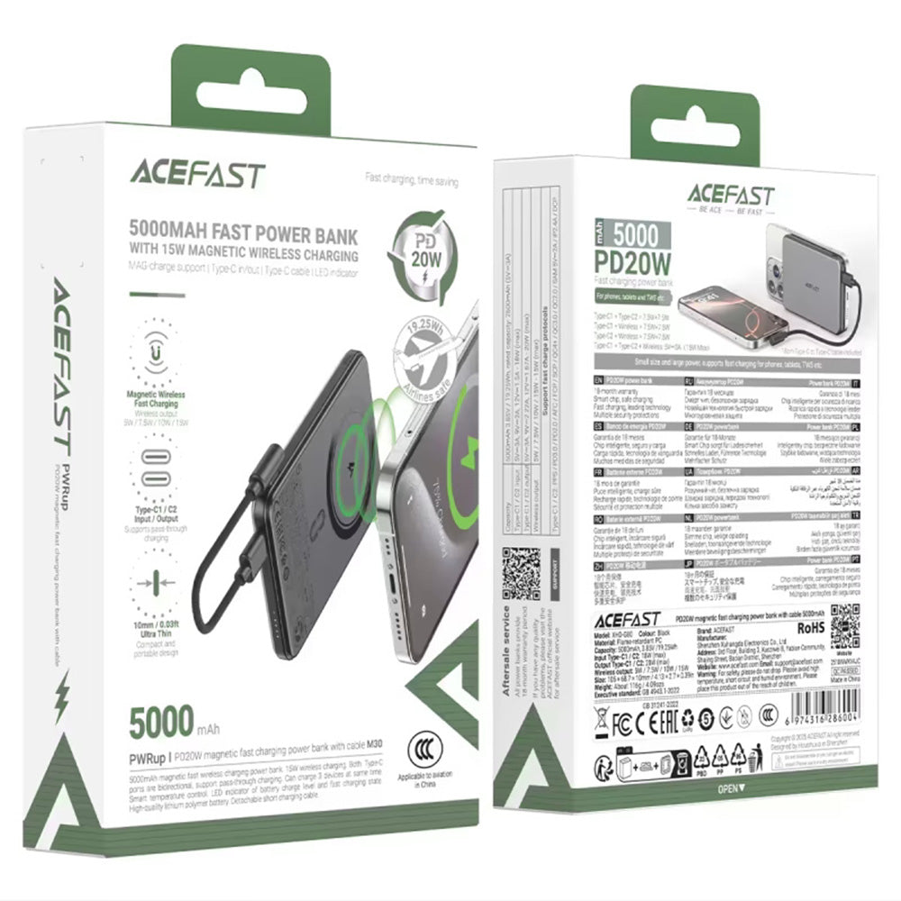 Zewnętrzna bateria bezprzewodowa Acefast M30, 5000mAh, 20W, PD + FQI, 1 x QI - 2 x USB-C, Czarna