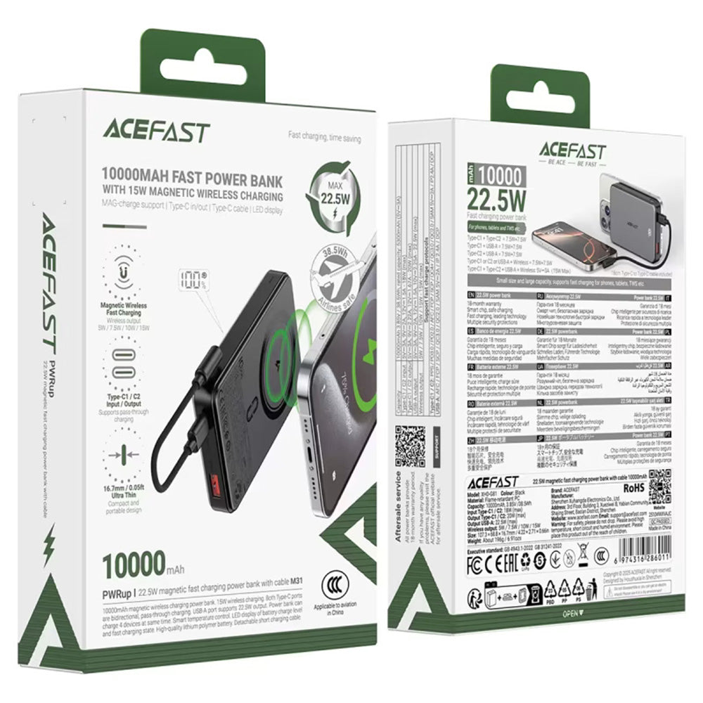 Zewnętrzna bateria bezprzewodowa Acefast M31, 10000mAh, 22.5W, QC + PD + FQI, 1 x QI - 1 x USB-A - 2 x USB-C, Czarna