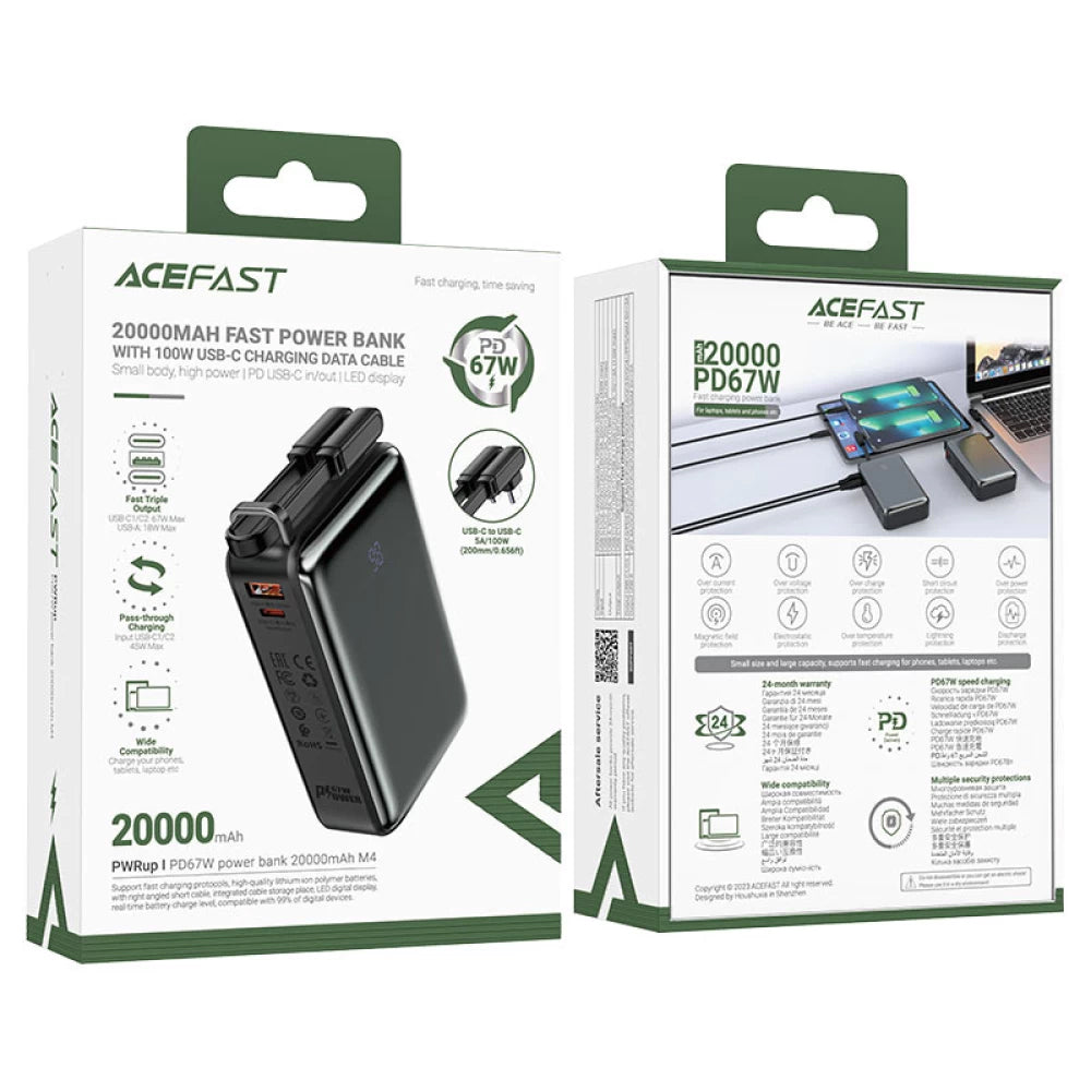 Zewnętrzna bateria Acefast M4, 20000mAh, 67W, PD, 1 x USB-A - 2 x USB-C, Czarna