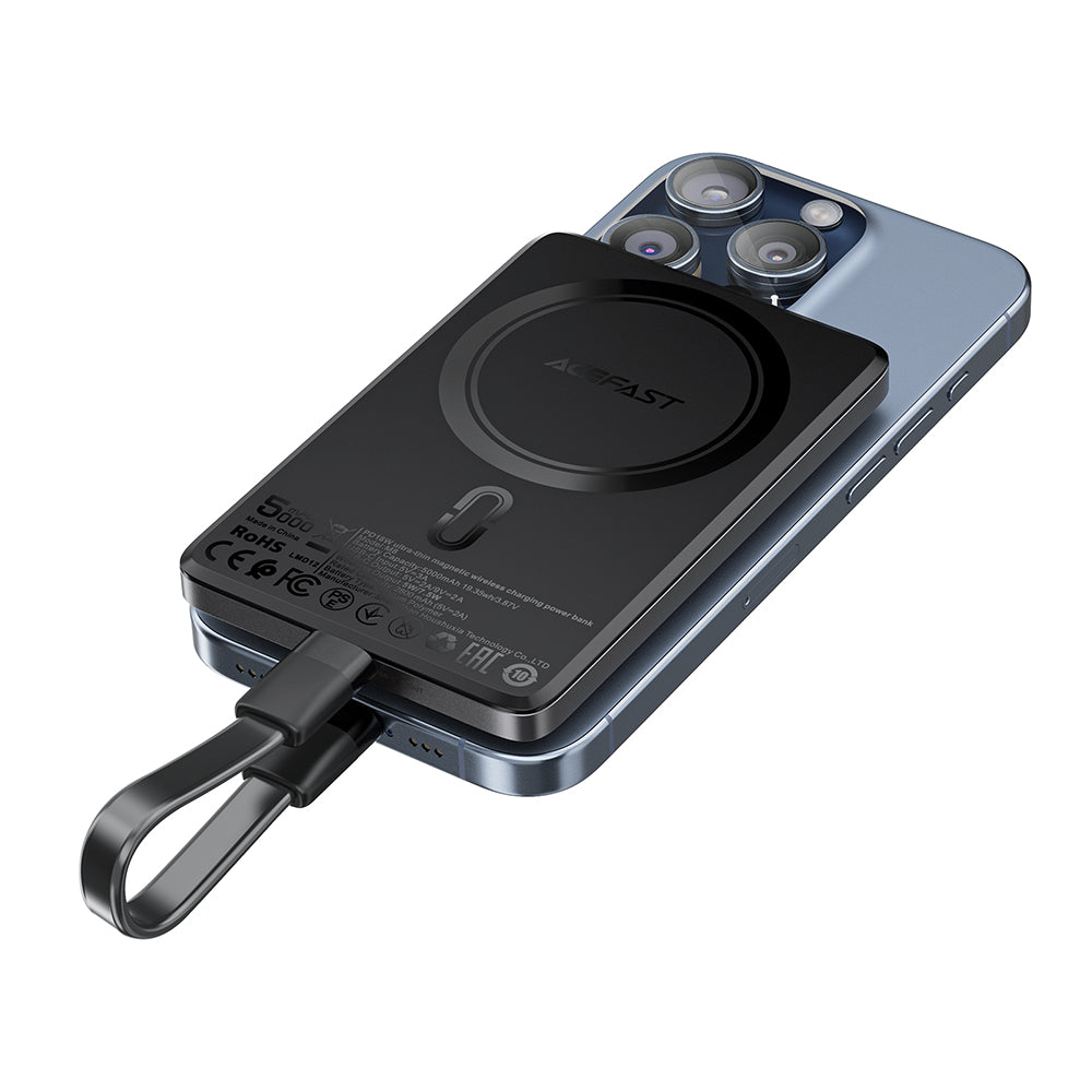 Zewnętrzna bateria bezprzewodowa Acefast M8, 5000mAh, 18W, PD + FQI, 1 x QI - 1 x USB-C, Czarna