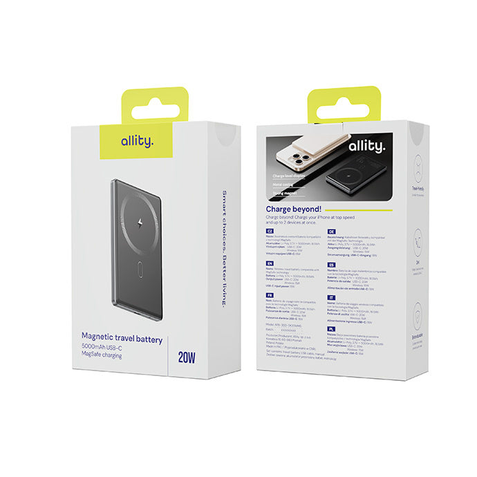 Zewnętrzna bateria bezprzewodowa Allity. APB-300, 5000mAh, 20W, PD + QC, 1 x QI - 1 x USB-C, Szary