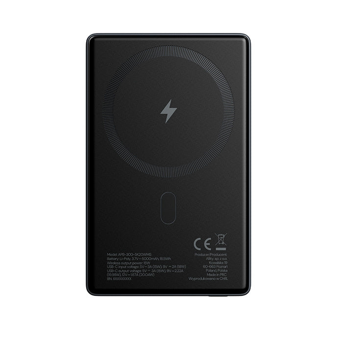 Zewnętrzna bateria bezprzewodowa Allity. APB-300, 5000mAh, 20W, PD + QC, 1 x QI - 1 x USB-C, Szary