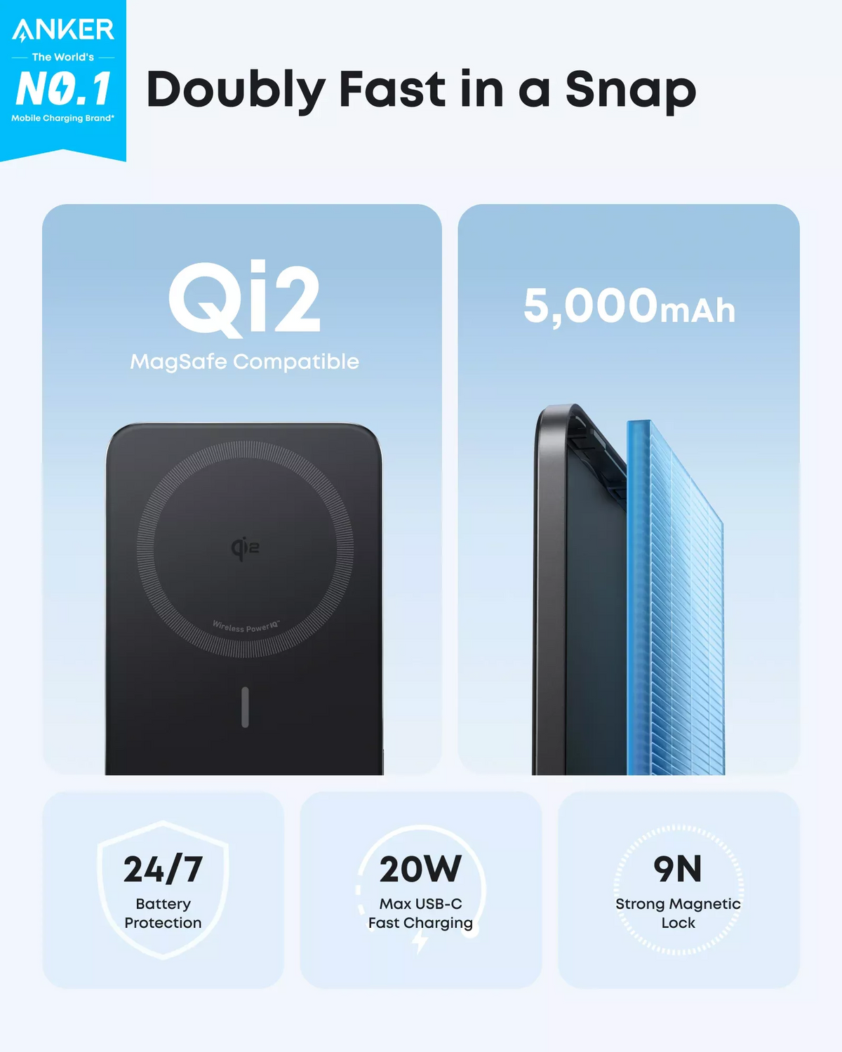 Bezprzewodowy powerbank Anker Nano, 5000mAh, 20W, PD + FQI, 1 x QI - 1 x USB-C, Czarny A1665H11