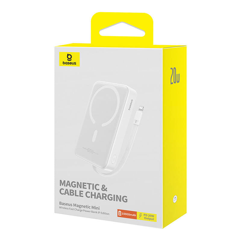 Zewnętrzna bateria bezprzewodowa Baseus Magnetic Mini, 10000mAh, 20W, PD + FQI, 1 x Lightning - 1 x QI - 1 x USB-C, Biała P10022109223-00
