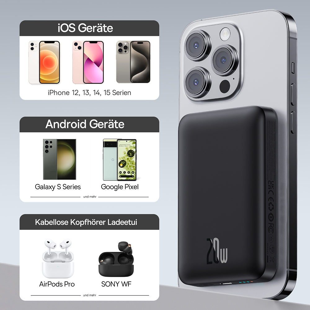 Zewnętrzna bateria bezprzewodowa Baseus Magnetic Mini, 10000mAh, 20W, PD + FQI, 1 x QI - 1 x USB-C, Czarna P10059001113-00