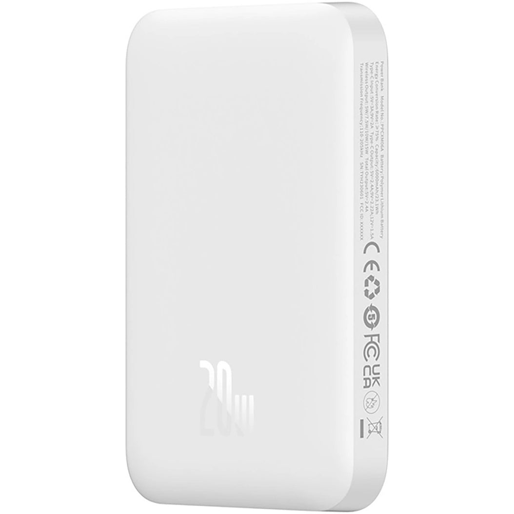 Zewnętrzna bateria bezprzewodowa Baseus Magnetic Mini, 6000mAh, 20W, PD + FQI, 1 x QI - 1 x USB-C, Biała P10059002223-00