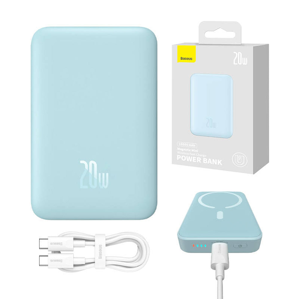Zewnętrzna bateria bezprzewodowa Baseus Magnetic Mini, 10000mAh, 20W, PD + FQI, 1 x QI - 1 x USB-C, Niebieska PPCX110103