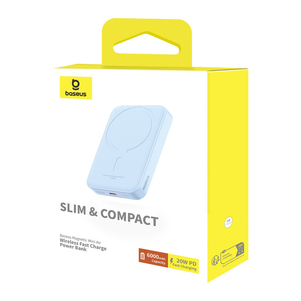 Zewnętrzna bateria bezprzewodowa Baseus Mini Air, 6000mAh, 20W, PD + FQI, 1 x QI - 1 x USB-C, Niebieska P10059002313-00