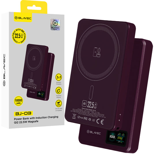 Bezprzewodowy powerbank Blavec BJ-03 Slim, 10000 mAh, 22,5 W, PD + FQI, 1 × QI – 1 × USB-C, fioletowy