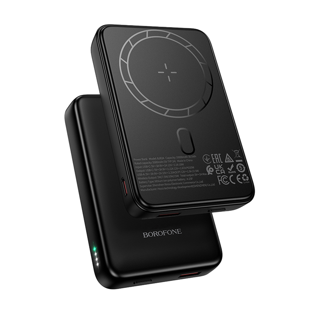 Zewnętrzna bateria bezprzewodowa Borofone BJ82A Dawn, 10000mAh, 22.5W, QC + PD + FQI, 1 x QI - 1 x USB-A - 1 x USB-C, Czarna