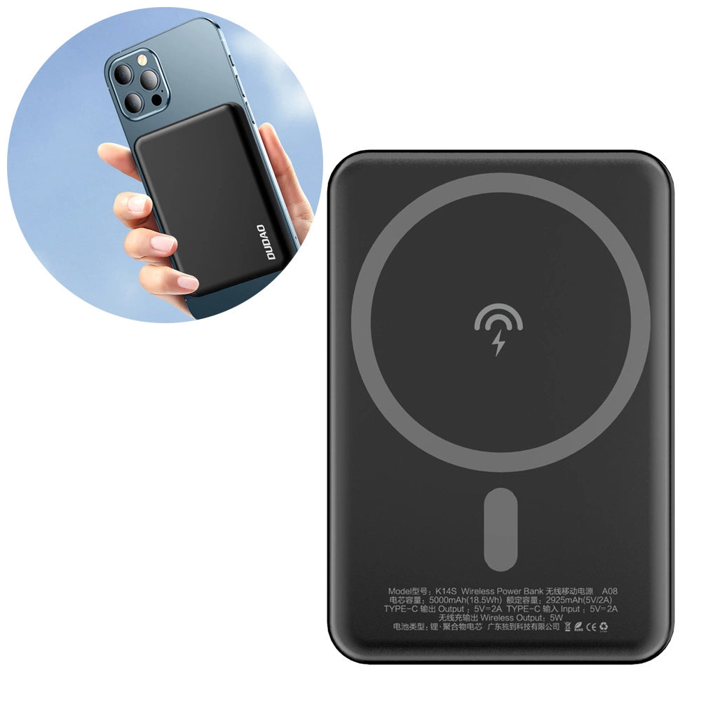 Zewnętrzna bateria bezprzewodowa Dudao K14S, 5000mAh, 10W, PD + QI, 1 x QI - 1 x USB-C, Czarna