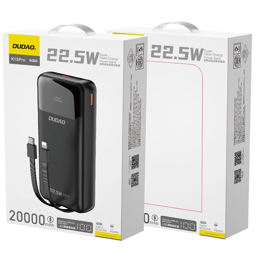 Zewnętrzna bateria Dudao K15Pro, 20000mAh, 22.5W, QC + PD, 1 x Lightning - 1 x USB-A - 2 x USB-C, Czarna