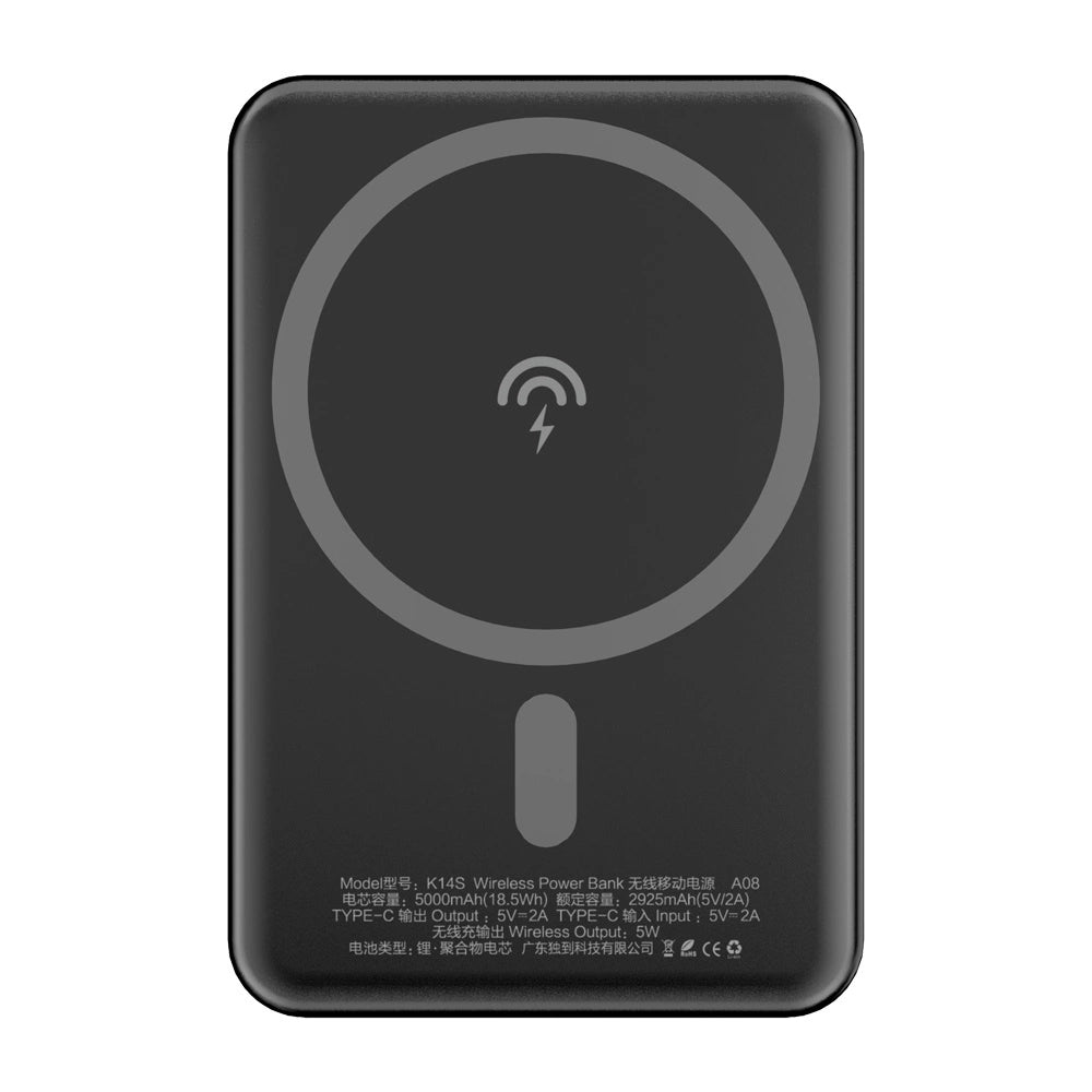 Zewnętrzna bateria bezprzewodowa Dudao K14S, 5000mAh, 10W, PD + QI, 1 x QI - 1 x USB-C, Czarna