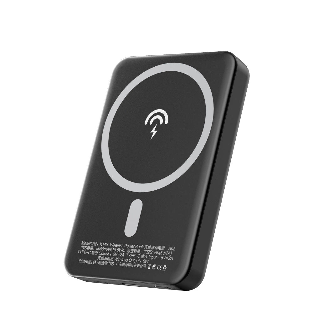 Zewnętrzna bateria bezprzewodowa Dudao K14S, 5000mAh, 10W, PD + QI, 1 x QI - 1 x USB-C, Czarna