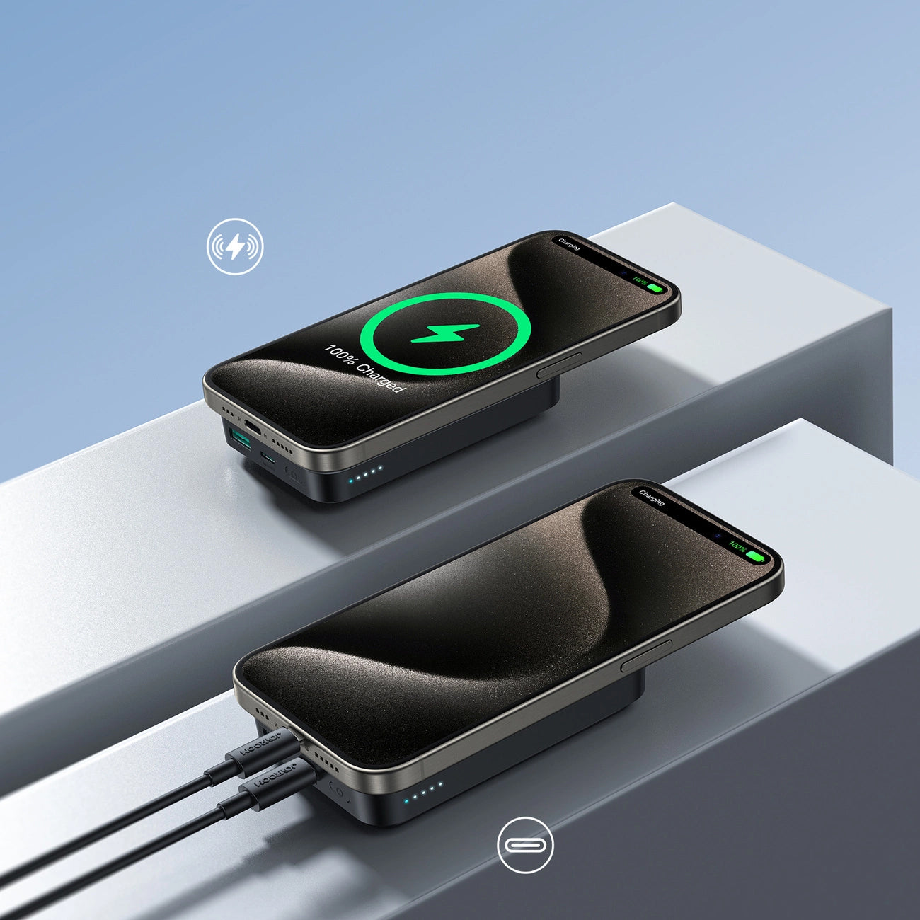 Zewnętrzna bateria bezprzewodowa Joyroom JR-W020, 10000mAh, 20W, QC + PD + FQI, 1 x QI - 1 x USB-A - 1 x USB-C, Czarna