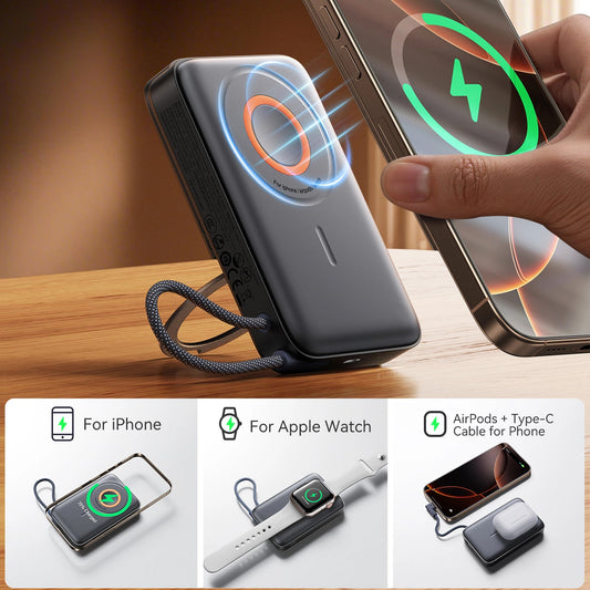 Zewnętrzna bateria bezprzewodowa Joyroom JR-PBM02, 10000mAh, 22.5W, PD + FQI, 1 x QI - 2 x USB-C, Czarna