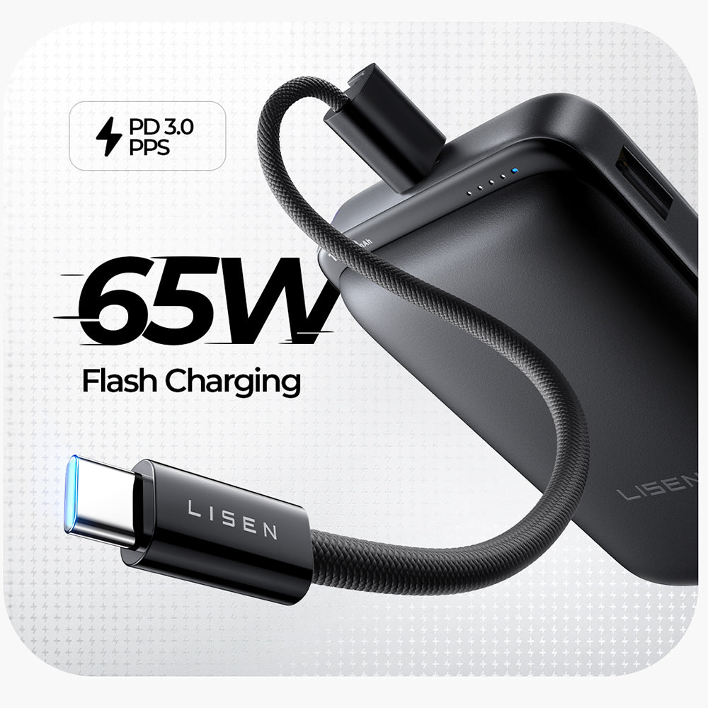 Bezprzewodowy power bank Lisen P604, 10000mAh, 65W, QC + PD + FQI, 1 x QI - 1 x USB-A - 1 x USB-C, czarny