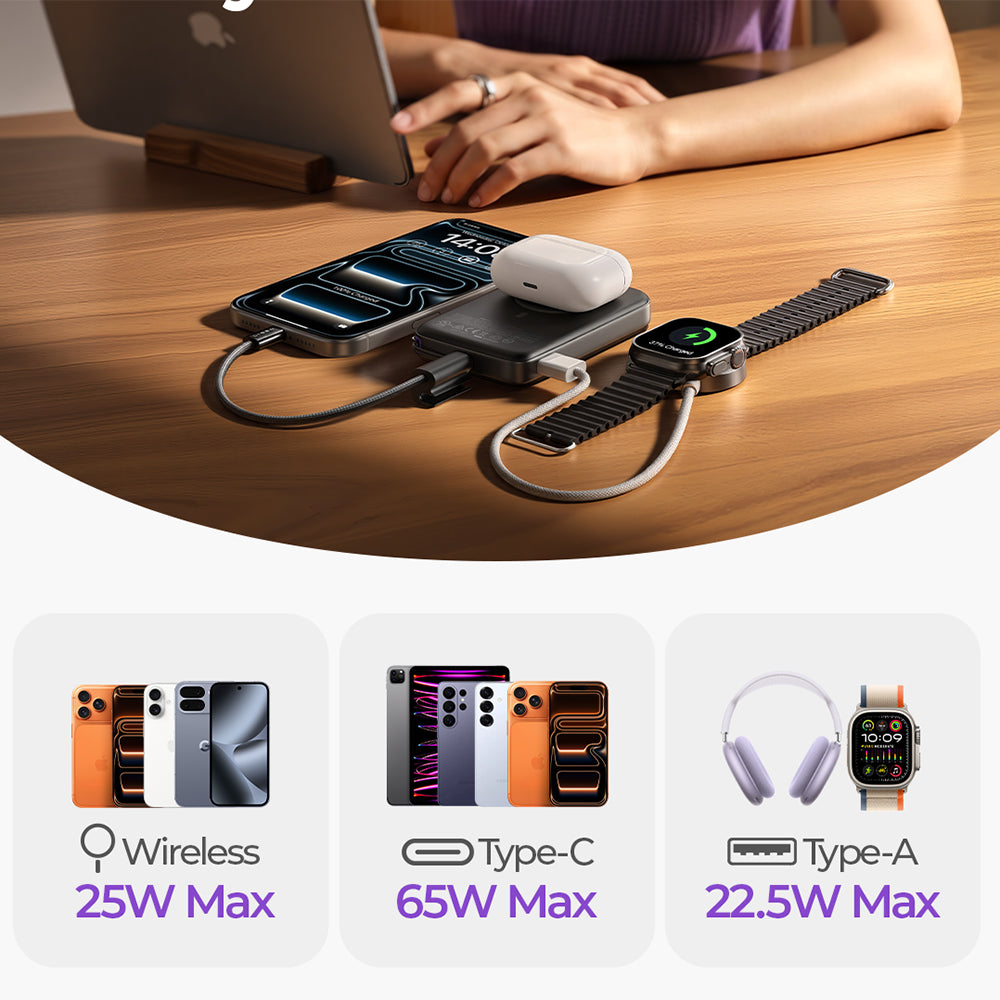 Bezprzewodowy power bank Lisen P604, 10000mAh, 65W, QC + PD + FQI, 1 x QI - 1 x USB-A - 1 x USB-C, czarny