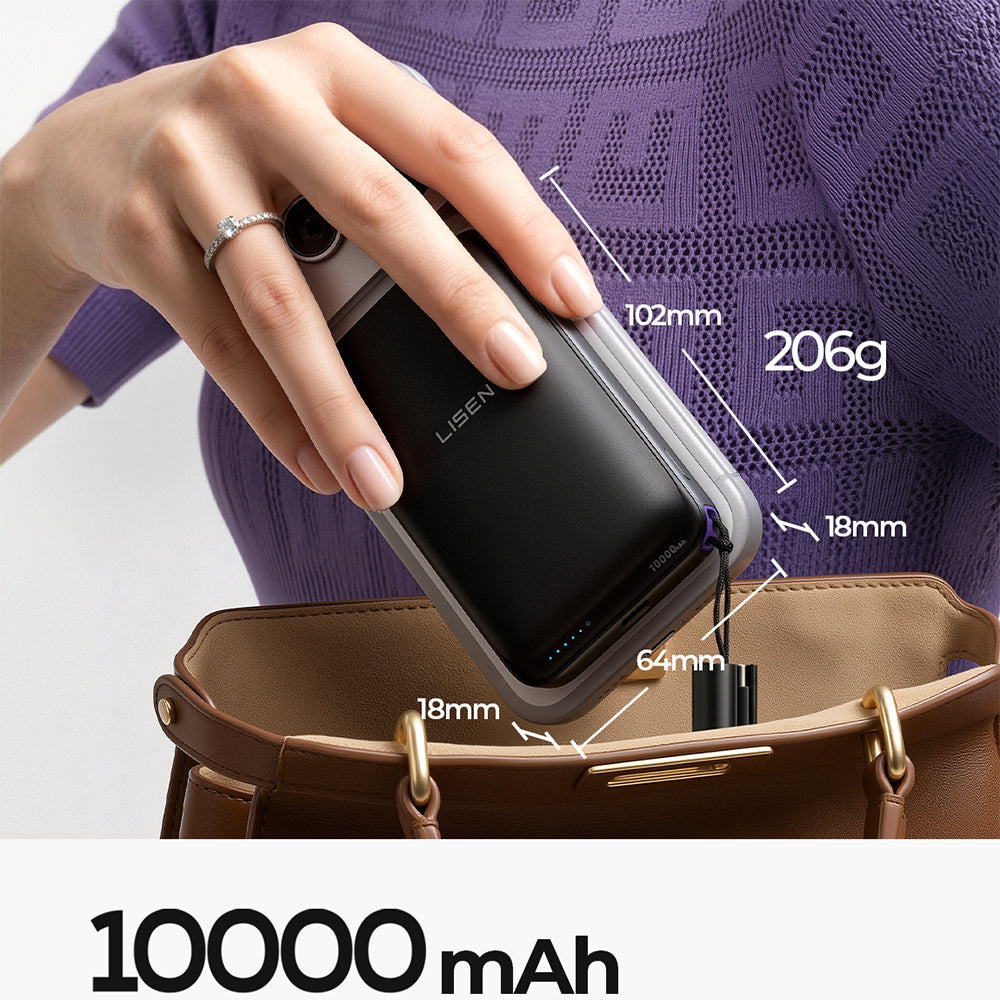 Bezprzewodowy power bank Lisen P604, 10000mAh, 65W, QC + PD + FQI, 1 x QI - 1 x USB-A - 1 x USB-C, czarny