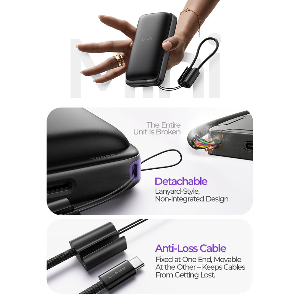Bezprzewodowy power bank Lisen P604, 10000mAh, 65W, QC + PD + FQI, 1 x QI - 1 x USB-A - 1 x USB-C, czarny