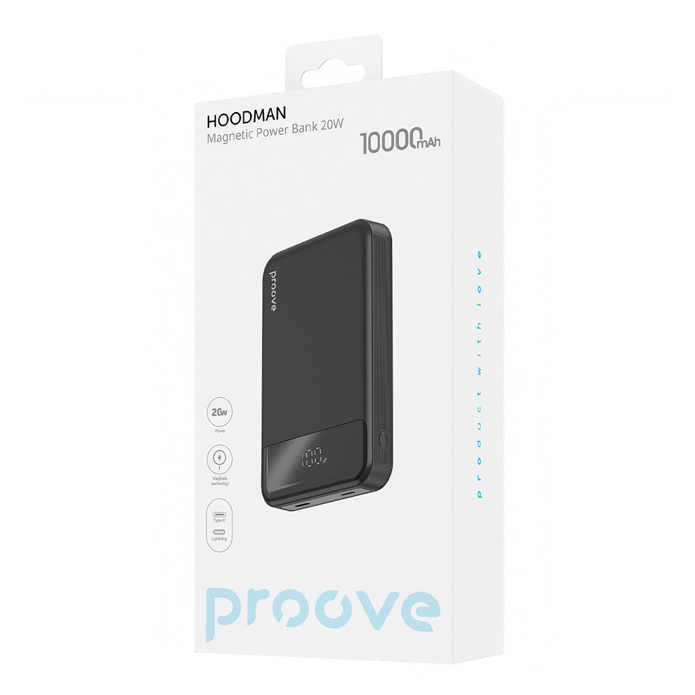 Zewnętrzna bateria bezprzewodowa Proove Hoodman, 10000mAh, 20W, PD + FQI, 1 x QI - 1 x USB-C, Czarna PBH120010001