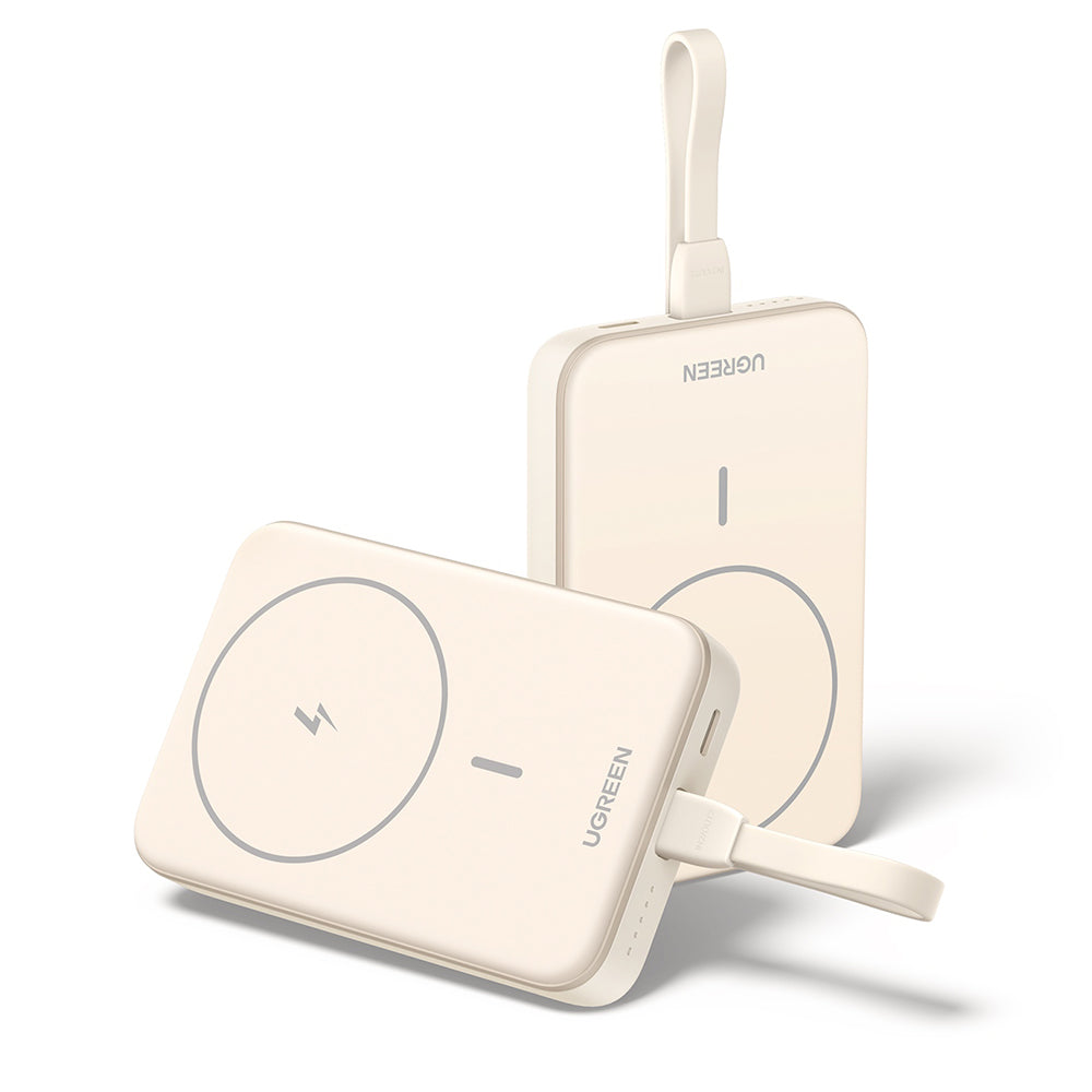 Zewnętrzna bateria bezprzewodowa UGREEN PB760, 10000mAh, 20W, PD + FQI, 1 x QI - 1 x USB-C, Beżowa