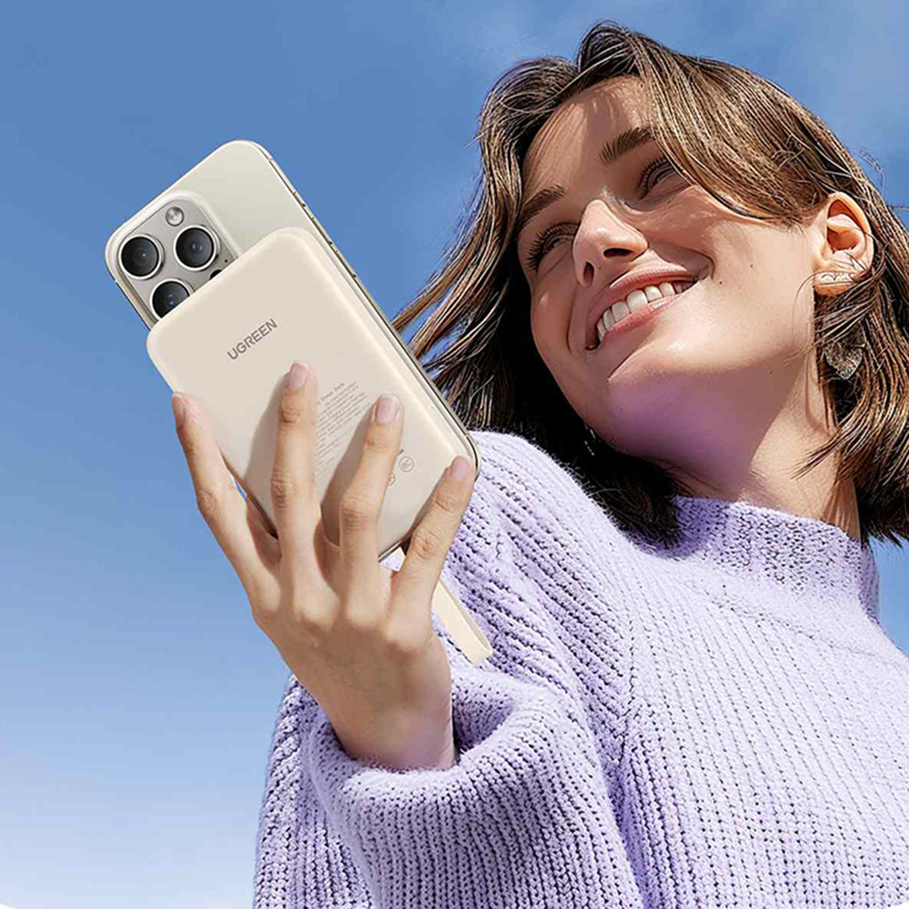 Zewnętrzna bateria bezprzewodowa UGREEN PB760, 10000mAh, 20W, PD + FQI, 1 x QI - 1 x USB-C, Beżowa