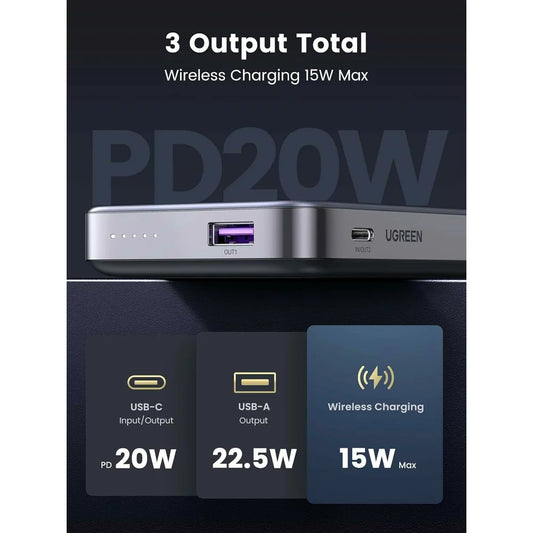 UGREEN PB206 Wireless External Battery, 10000mAh, 20W, QC + PD + FQI, 1 x QI - 1 x USB-A - 1 x USB-C, szary