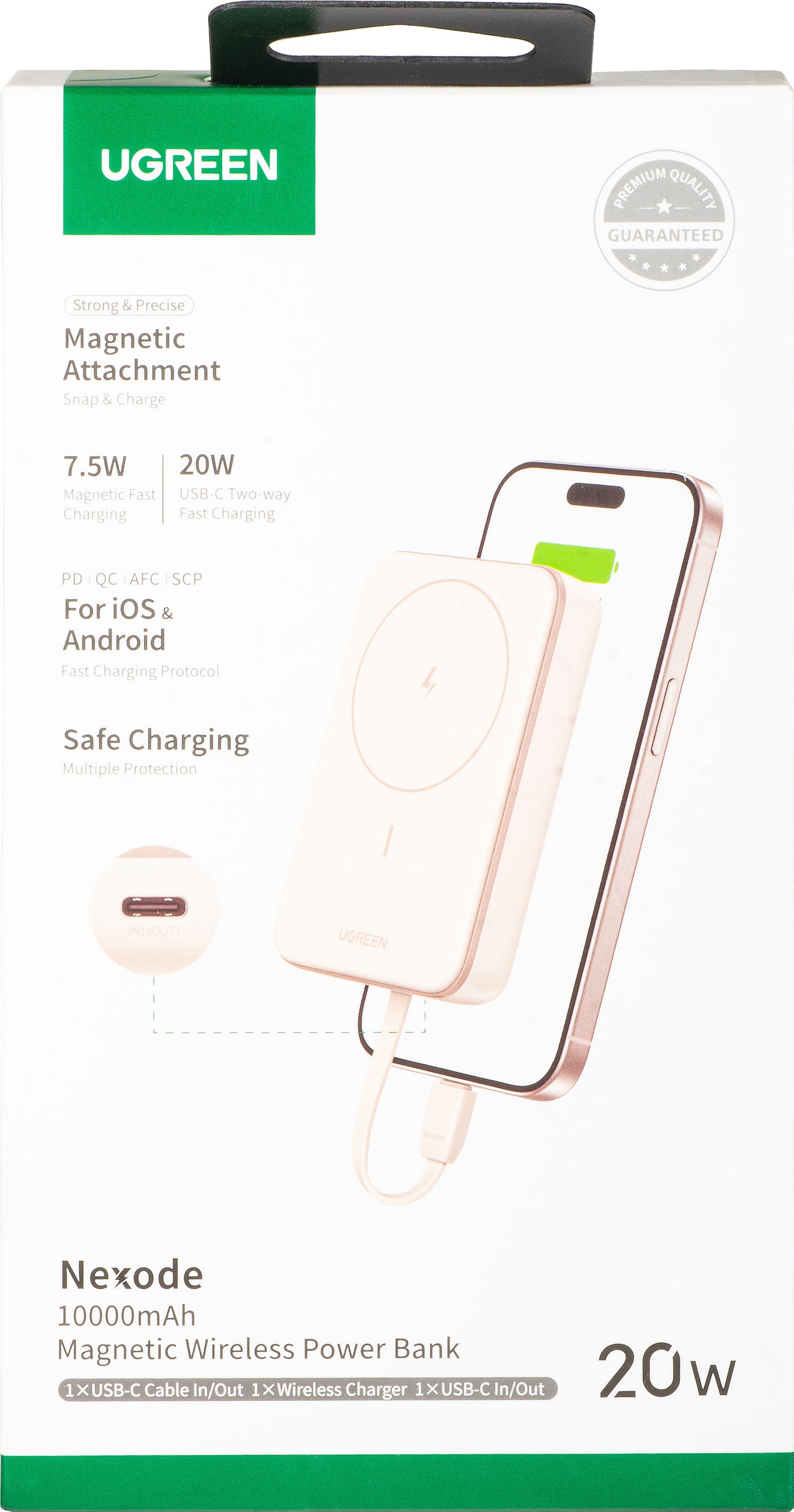 Zewnętrzna bateria bezprzewodowa UGREEN PB760, 10000mAh, 20W, PD + FQI, 1 x QI - 1 x USB-C, Beżowa