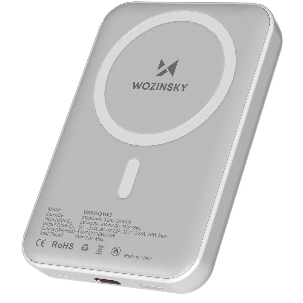 Zewnętrzna bateria bezprzewodowa WZK WRW349YWS, 10000mAh, 20W, PD + FQI, 1 x QI - 1 x USB-C, Biała