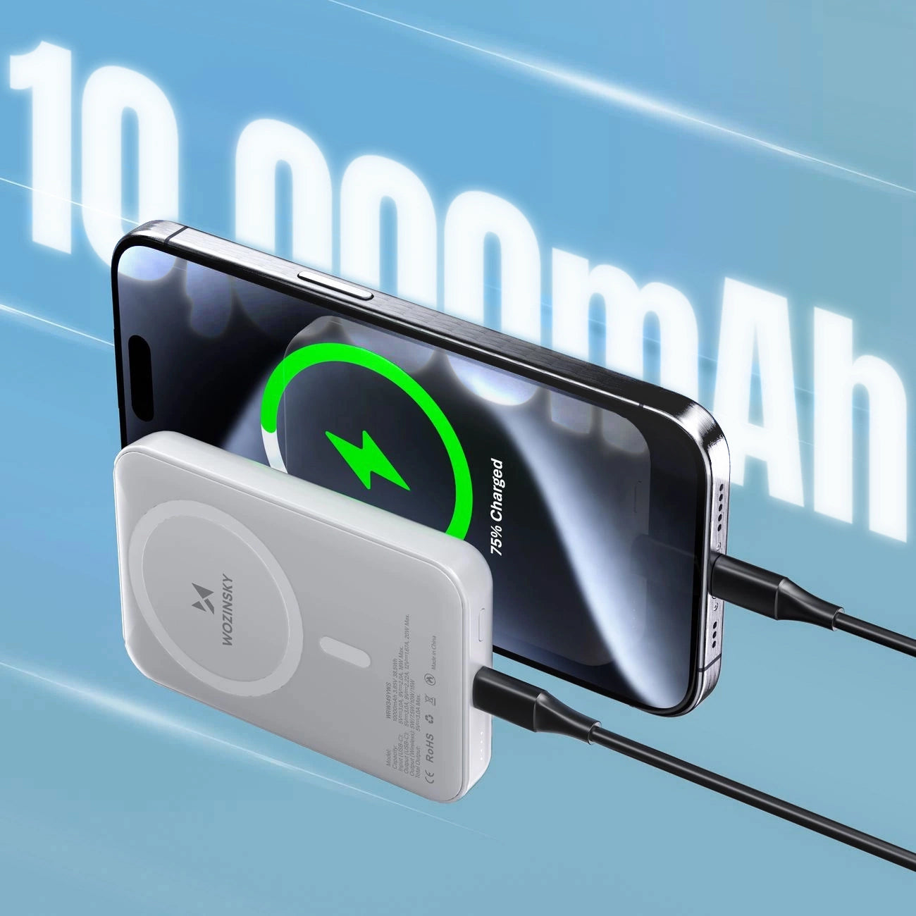 Zewnętrzna bateria bezprzewodowa WZK WRW349YWS, 10000mAh, 20W, PD + FQI, 1 x QI - 1 x USB-C, Biała